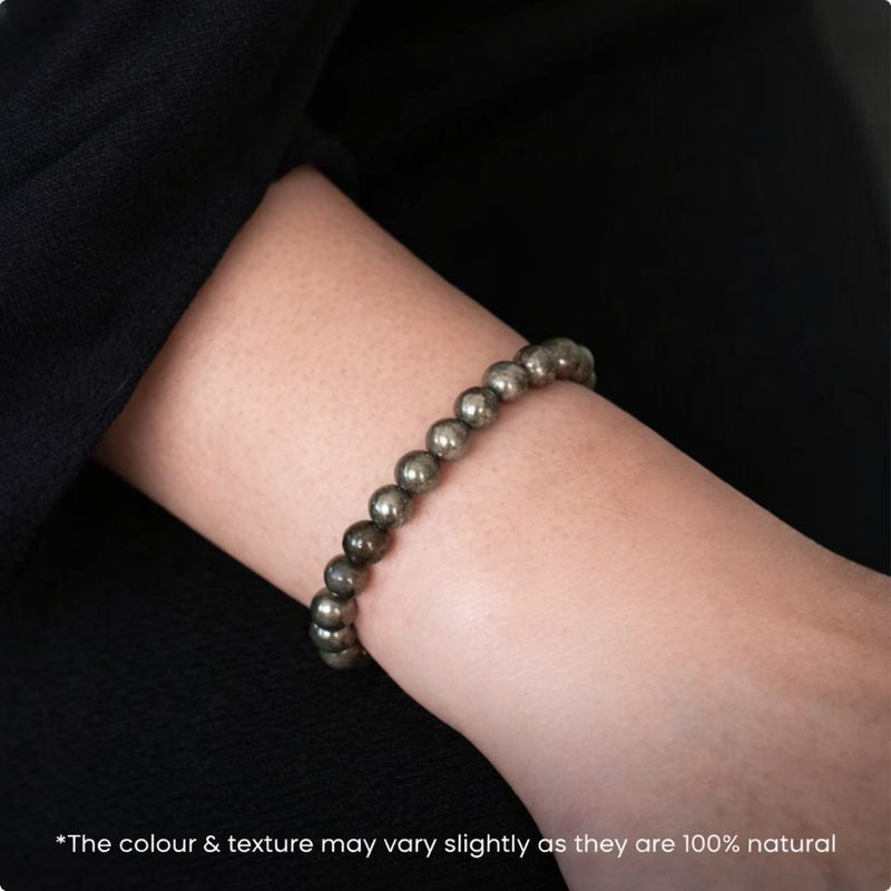 Raw Pyrite Bracelet (Women - 6mm Beads) with FREE Raw Selenite Plate