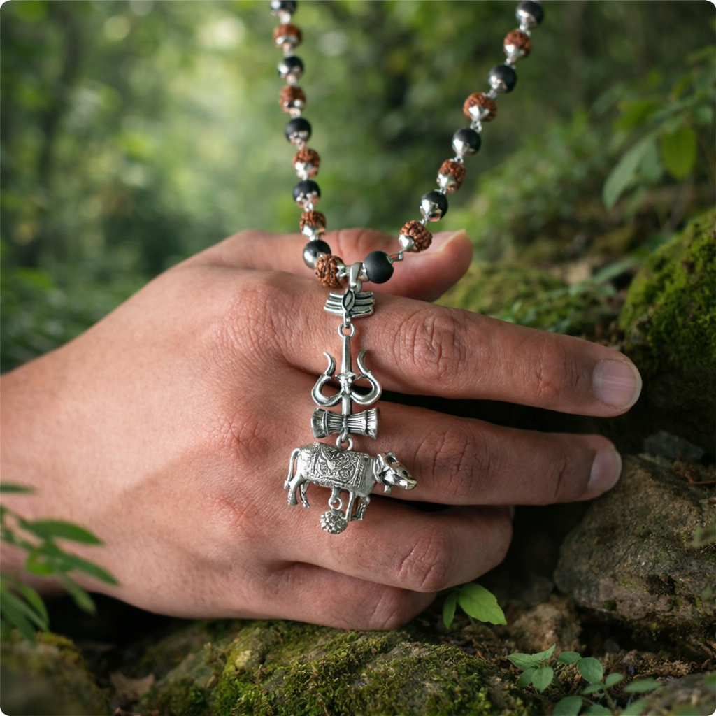 Shiv Raksha Karungali Rudraksha Mala with Trishul Nandi Pendant