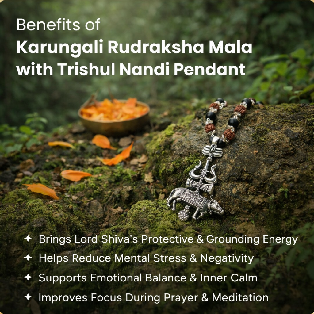 Shiv Raksha Karungali Rudraksha Mala with Trishul Nandi Pendant