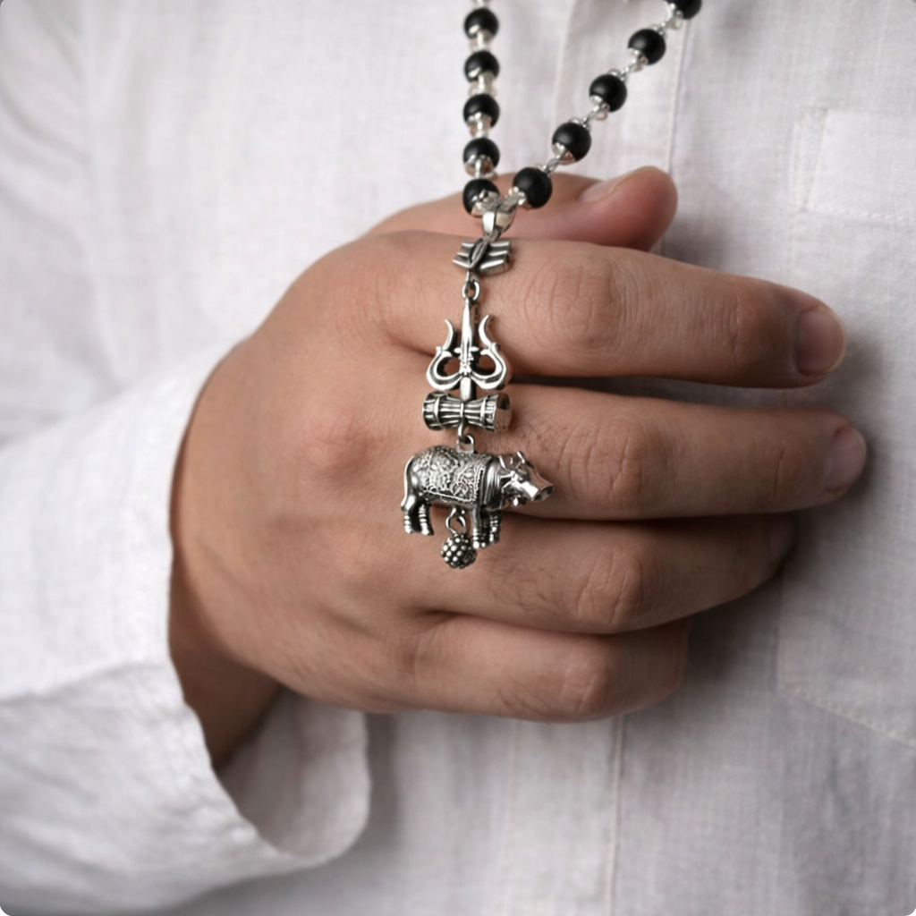 Shiv Raksha Karungali Mala with Trishul Nandi Pendant
