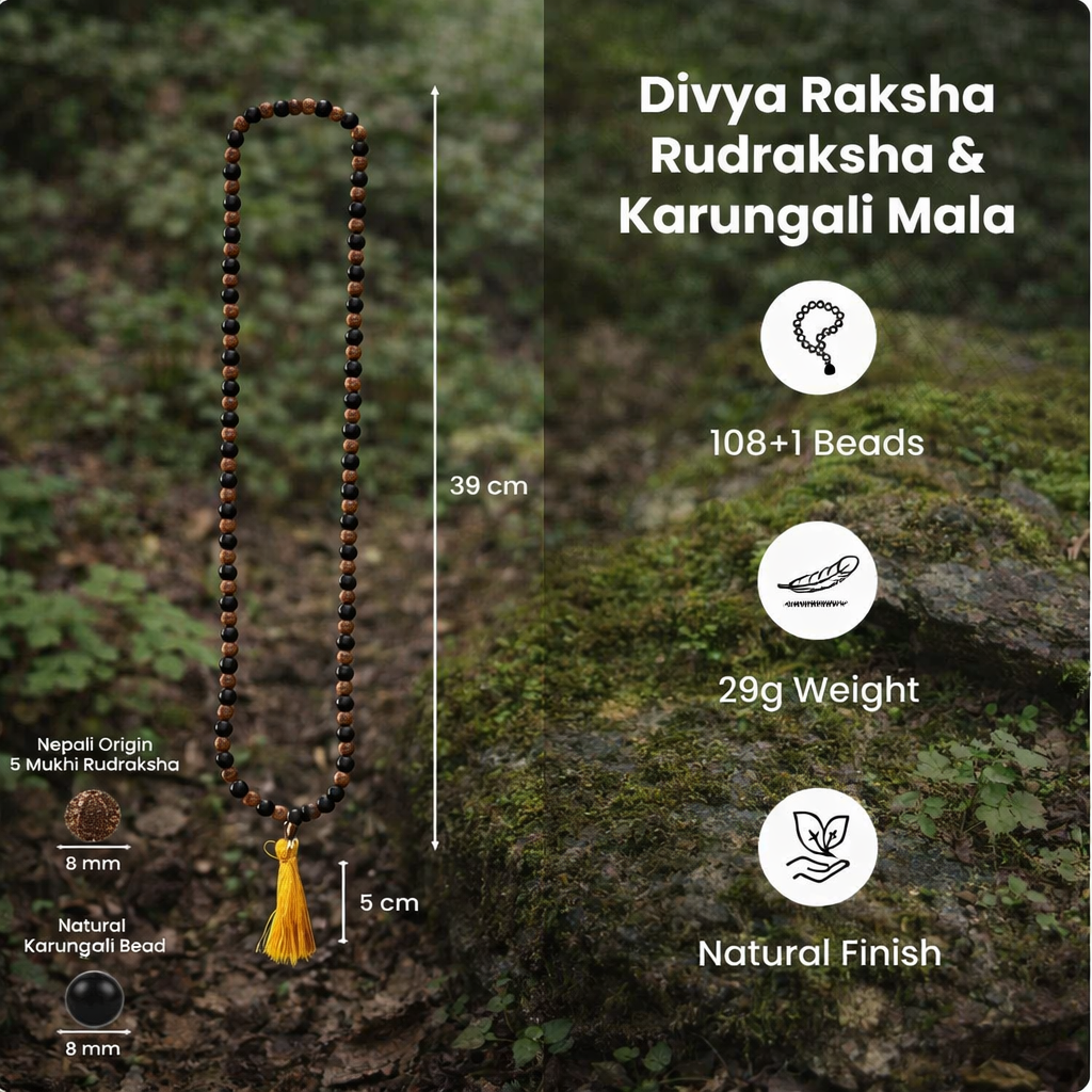 Divya Raksha Rudraksha & Karungali Mala 8mm - 108+1 Beads