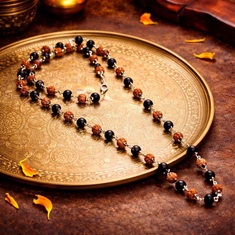 Divya Raksha Rudraksha & Karungali Mala with Silver Capping