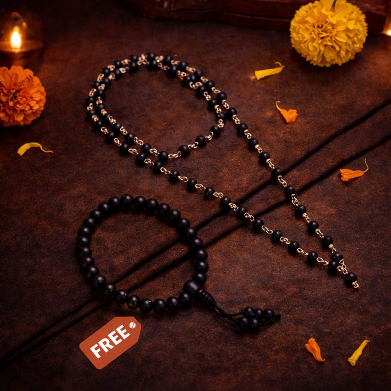 Silver Capped Karungali Malai – with FREE Karungali Bracelet