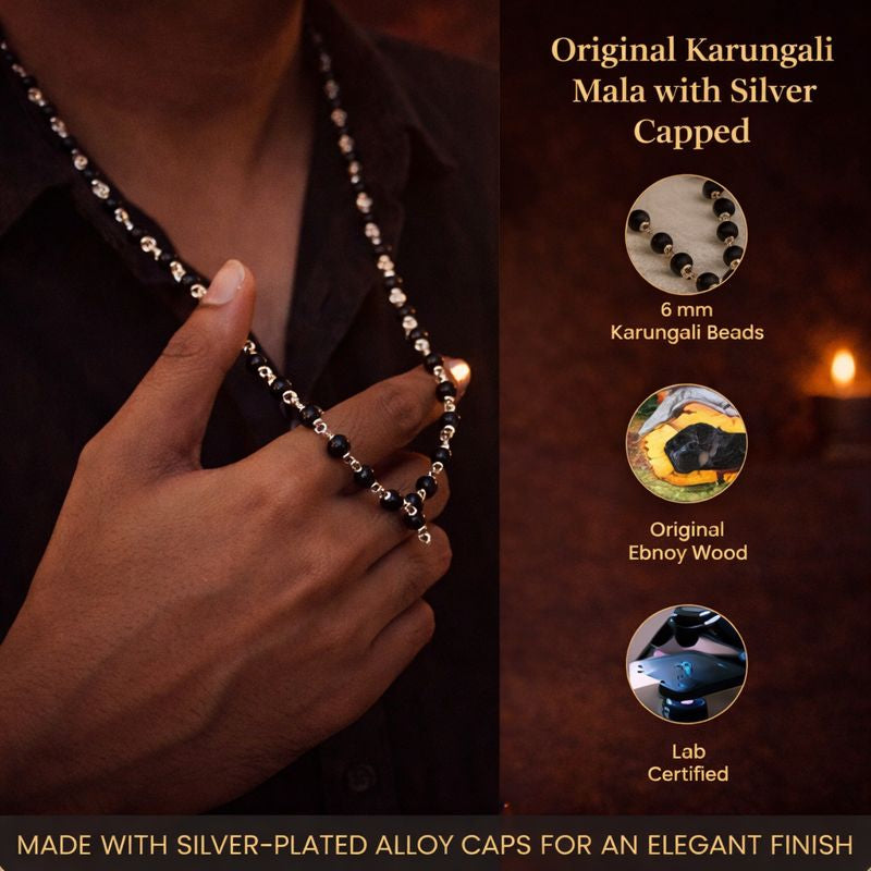 Silver Capped Karungali Malai – with FREE Karungali Bracelet