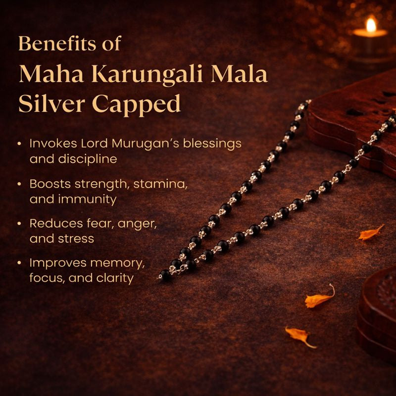 Silver Capped Karungali Malai – with FREE Karungali Bracelet
