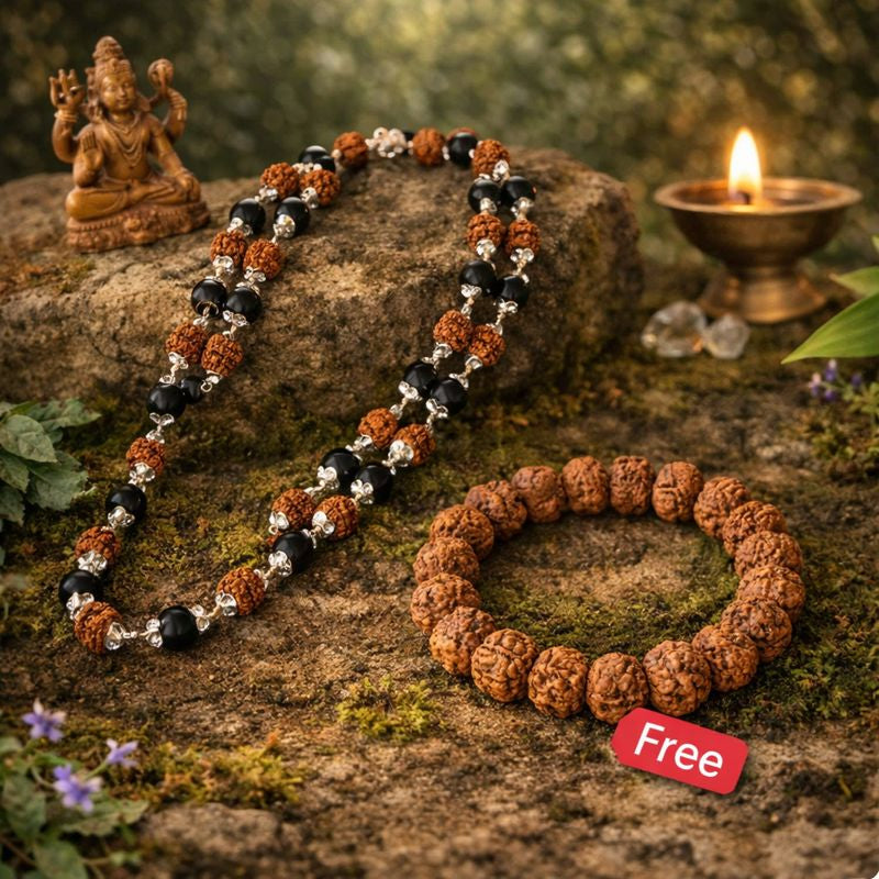 Divya Raksha Rudraksha & Karungali Mala with FREE 7 Mukhi Rudraksha Bracelet