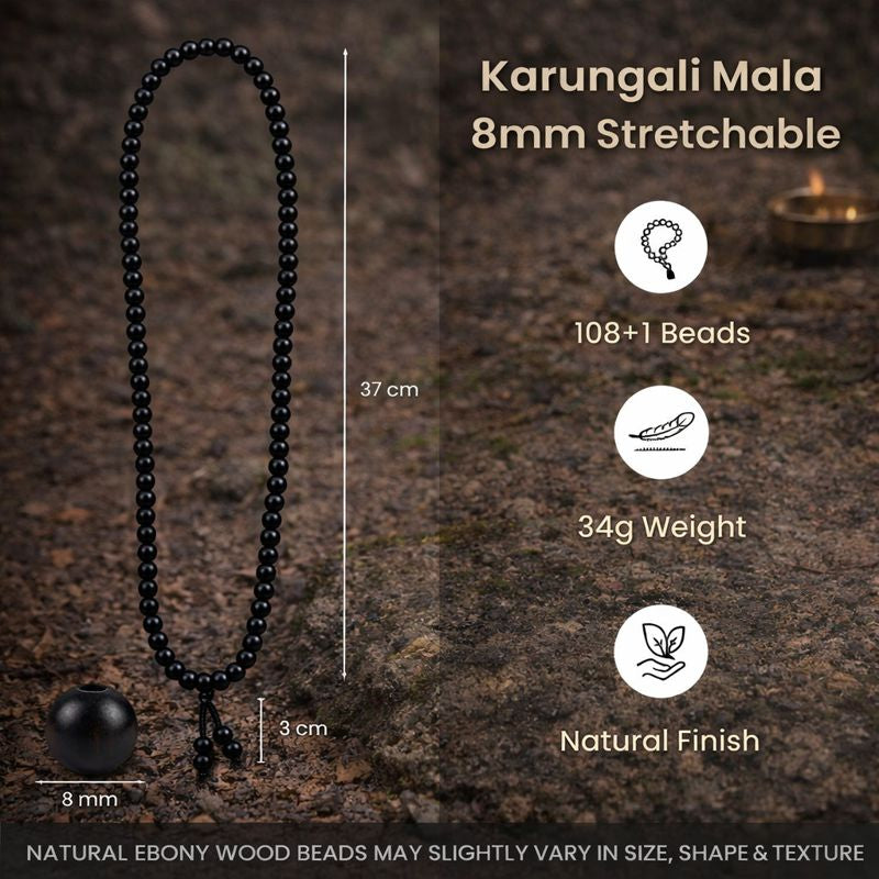 Karungali Malai 8mm Stretchable - 108+1 Beads (Original Ebony Wood)