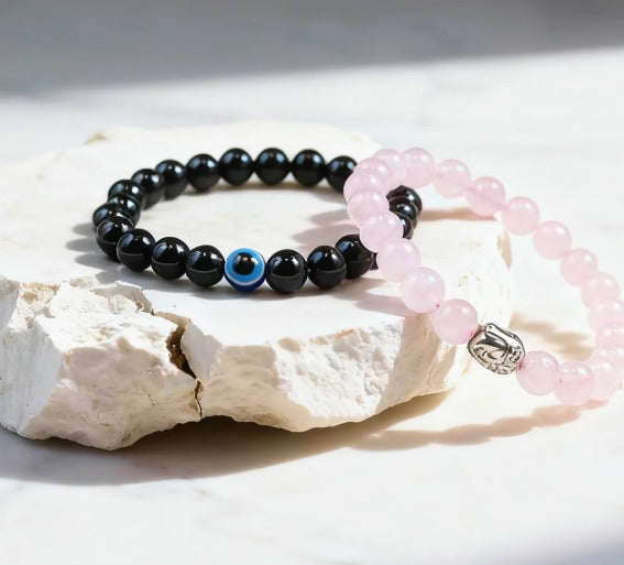Rose Quartz & Evil Eye Bracelet Combo