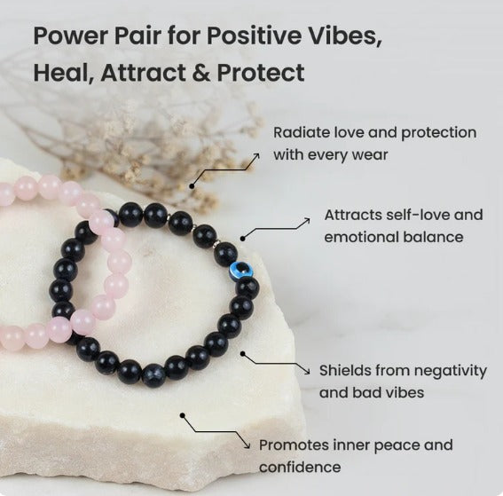 Rose Quartz & Evil Eye Bracelet Combo